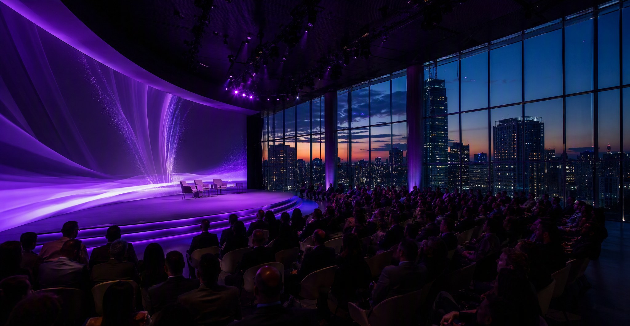 Auditório do WTorre em São Paulo iluminado em roxo, com vista para o skyline ao entardecer